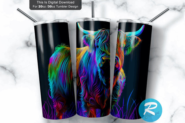 Neon Highland Cow 20 Oz / 30 Oz Tumbler PNG Sublimation Regulrcrative 