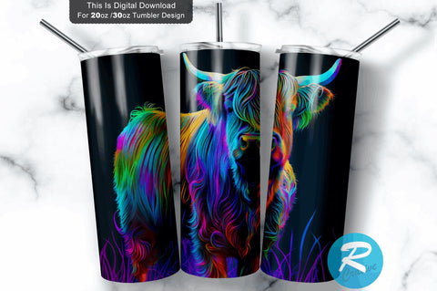 Neon Highland Cow 20 Oz / 30 Oz Tumbler PNG Sublimation Regulrcrative 