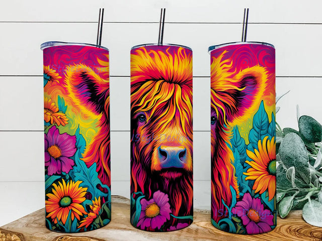 Neon Highland Cow 20oz Skinny Tumbler Png, Colorful Highland Cow Sunflowers Tumbler, Highland Cow Flowers Tumbler, Colorful Highland Cow Tumbler Sublimation iStyleDesign 