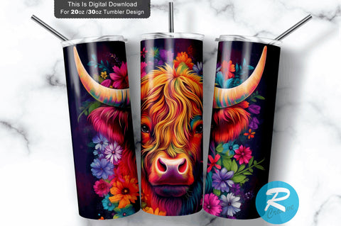 Neon Highland Cow Flower 20 Oz / 30 Oz Tumbler PNG Sublimation Regulrcrative 