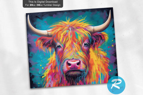 Neon Highland Cow Rainbow 20 Oz / 30 Oz Tumbler PNG Sublimation Regulrcrative 