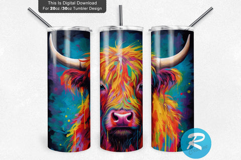 Neon Highland Cow Rainbow 20 Oz / 30 Oz Tumbler PNG Sublimation Regulrcrative 