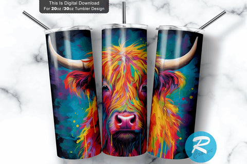 Neon Highland Cow Rainbow 20 Oz / 30 Oz Tumbler PNG Sublimation Regulrcrative 