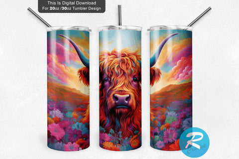 Neon Highland Cow Rainbow Flower 20 Oz / 30 Oz Tumbler PNG Sublimation Regulrcrative 