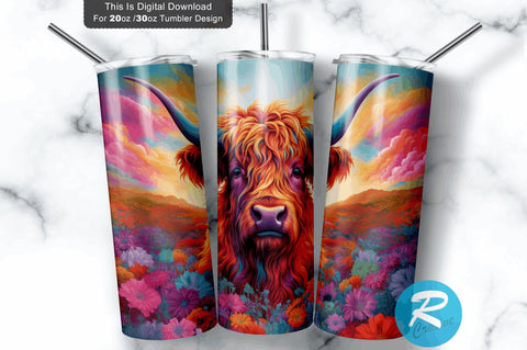 Neon Highland Cow Rainbow Flower 20 Oz / 30 Oz Tumbler PNG Sublimation Regulrcrative 