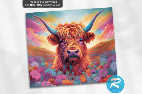 Neon Highland Cow Rainbow Flower 20 Oz / 30 Oz Tumbler PNG Sublimation Regulrcrative 