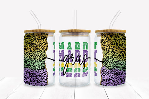 Neon Leopard Mardi Gras Libbey Glass Sublimation Wrap PNG Sublimation BijouBay 