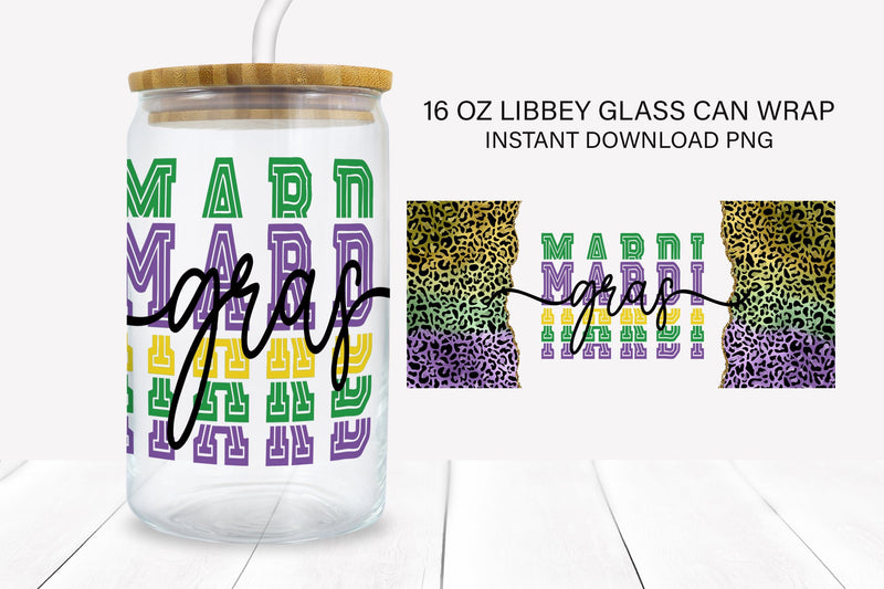 Neon Leopard Mardi Gras Libbey Glass Sublimation Wrap PNG Sublimation BijouBay 