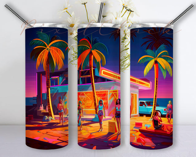 Neon Lit Beach 20oz Skinny Tumbler Png, Neon Beach Tumbler, Retro Sunset Tumbler Wrap, Beach Sunset Tumbler Design, Sunset Tumbler Wrap Sublimation PixelChick 