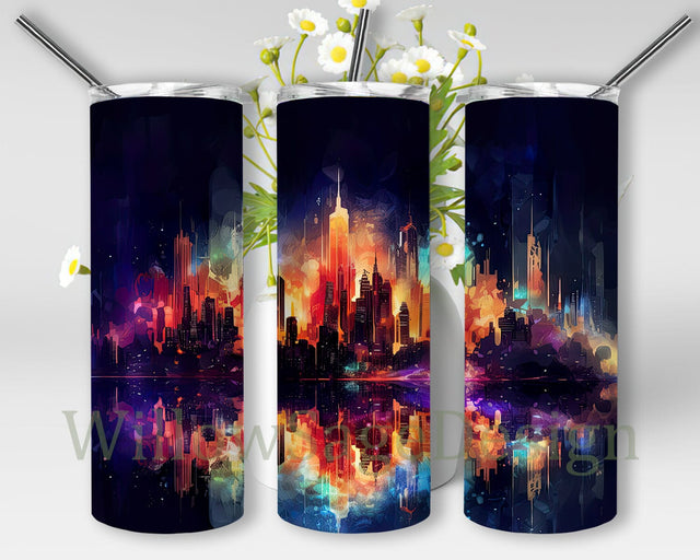 Neon Nightime City Landscape 20oz Skinny Tumbler Sublimation Design, Night City Skyline Tumbler, Straight And Tapered Tumbler Wrap, Instant Download Png Sublimation WillowSageDesign 