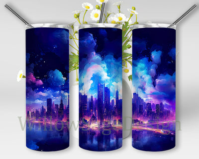 Neon Nightime City Landscape 20oz Skinny Tumbler Sublimation Design, Night City Skyline Tumbler, Straight And Tapered Tumbler Wrap, Instant Download Png Sublimation WillowSageDesign 
