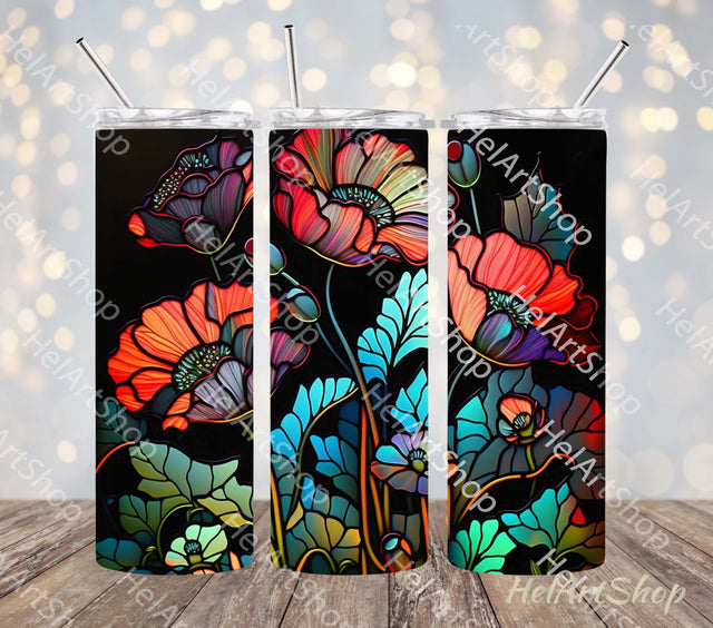 Neon Poppy Flowers Tumbler PNG Sublimation, Skinny Tumbler Sublimation _HelArtShop_ 