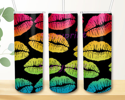 Neon Rainbow Kisses Design Lips 20oz Tumbler, Kisses Tumbler PNG Sublimation sassyprint 