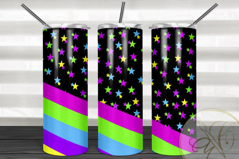 Neon Retro Stars 20oz Skinny Tumbler Sublimation/ 80’s, 90’s / Black Bg Sublimation Marlene Campos 