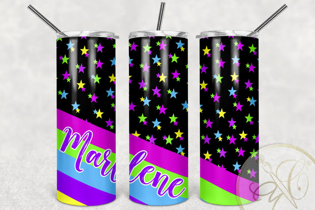 Neon Retro Stars 20oz Skinny Tumbler Sublimation/ 80’s, 90’s / Black Bg Sublimation Marlene Campos 