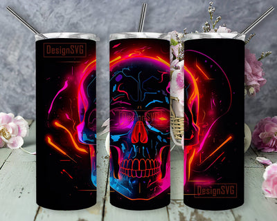 Neon Skull 20oz Skinny Tumbler Sublimation Design, Neon Skull Tumbler, Bright Glow In Dark Png, Neon Skulls Design Png, Instant Download Sublimation DesignSVG 