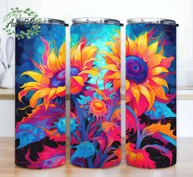 Neon Sunflowers 20oz Skinny Tumbler Png, Neon Colors Png, Tie Dye Sunflower Tumbler, Swimming Tumbler Wrap, Neon Sunflowers Psychedelic Tumbler Sublimation AdriOP 