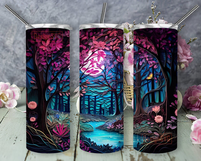 Neon Sunset Forest And River 20oz Skinny Tumbler Png, Nature Drawing Tumbler, Sunset Forest Landscape Tumbler, Forest Waterfall Tumbler Sublimation DesignSVG 