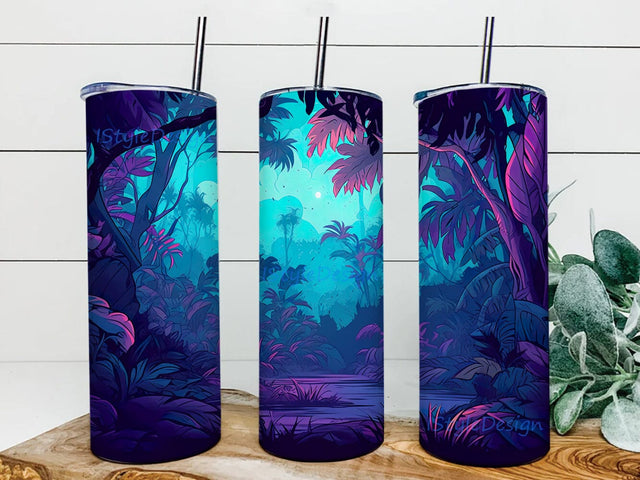 Neon Sunset Forest And River 20oz Skinny Tumbler Png, Nature Drawing Tumbler, Sunset Forest Landscape Tumbler, Forest Waterfall Tumbler Sublimation iStyleDesign 