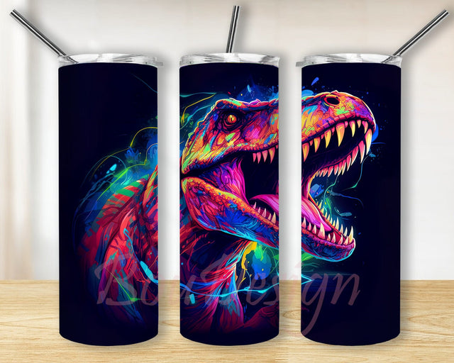 Neon T-rex 20oz Skinny Tumbler Sublimation Design, Neon Rainbow T-Rex Watercolor Digital Wrap, Nature Animal Tumbler, Dinosaur Neon Rainbow Colors Tumbler Sublimation BouDesign 