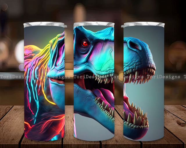 Neon T-Rex Dinosaur Colorful 20 oz Skinny Tumbler Sublimation Design, Straight And Tapered Tumbler Wrap, Instant Digital Download PNG Sublimation ToriDesigns 