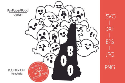 New Hampshire NH state map Cute Halloween Boo scary ghosts faces SVG DXF EPS PNG JPEG SVG FunPaperWood 