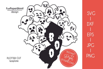 New Jersey NJ state map Cute Halloween Boo scary ghosts faces SVG DXF EPS PNG JPEG SVG FunPaperWood 