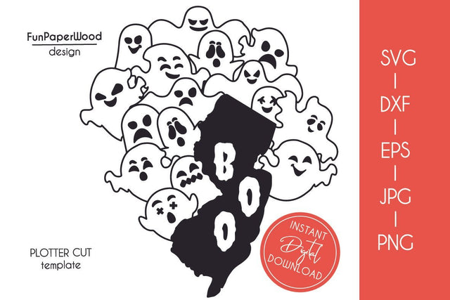 New Jersey NJ state map Cute Halloween Boo scary ghosts faces SVG DXF EPS PNG JPEG SVG FunPaperWood 