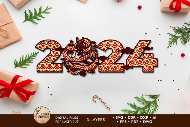 New Year 2024 Multilayer Cut Template, Home Wall Decoration SVG LaserCutano 