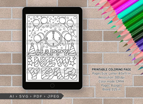New Year Printable Coloring Page Bundle, PDF Colouring Book, Instant Download, CBP00023 SVG ETC Craft 
