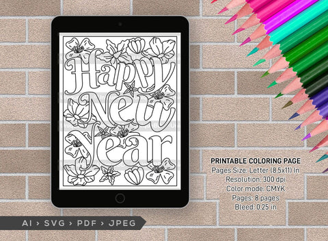 New Year Printable Coloring Page Bundle, PDF Colouring Book, Instant Download, CBP00023 SVG ETC Craft 