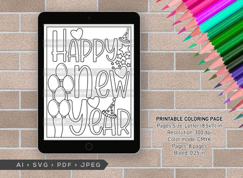 New Year Printable Coloring Page Bundle, PDF Colouring Book, Instant Download, CBP00023 SVG ETC Craft 