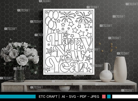 New Year Printable Coloring Page Cut File, PDF Colouring Book, Instant Download, CBP00023 SVG ETC Craft 
