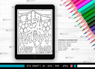 New Year Printable Coloring Page Cut File, PDF Colouring Book, Instant Download, CBP00023 SVG ETC Craft 
