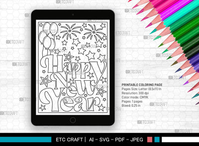 New Year Printable Coloring Page Cut File, PDF Colouring Book, Instant Download, CBP00023 SVG ETC Craft 