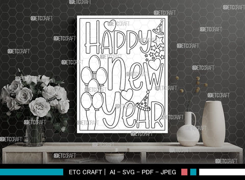 New Year Printable Coloring Page Cut File, PDF Colouring Book, Instant Download, CBP00023 SVG ETC Craft 