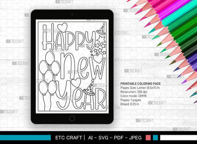 New Year Printable Coloring Page Cut File, PDF Colouring Book, Instant Download, CBP00023 SVG ETC Craft 