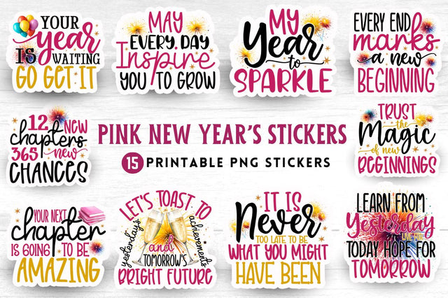 New Year's Inspirational Sticker Bundle, New Year Stickers PNG Bundle Sublimation Regulrcrative 