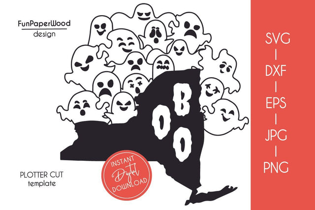 New York NY state map Cute Halloween Boo scary ghosts faces SVG DXF EPS PNG JPEG SVG FunPaperWood 