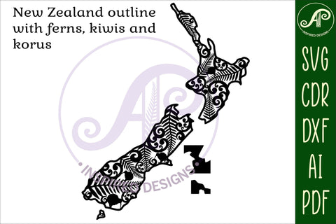 New Zealand with designs outline SVG laser cut file SVG APInspireddesigns 