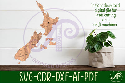 New Zealand with engraved regions cut out SVG laser SVG APInspireddesigns 