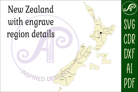 New Zealand with engraved regions cut out SVG laser SVG APInspireddesigns 