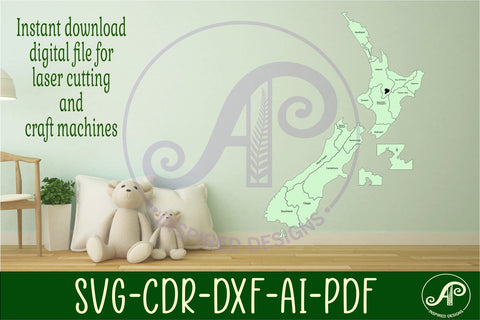 New Zealand with engraved regions cut out SVG laser SVG APInspireddesigns 