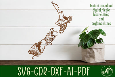 New Zealand with native birds outline SVG laser cut file SVG APInspireddesigns 