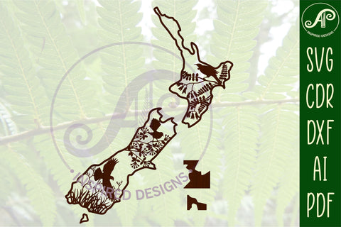 New Zealand with native birds outline SVG laser cut file SVG APInspireddesigns 