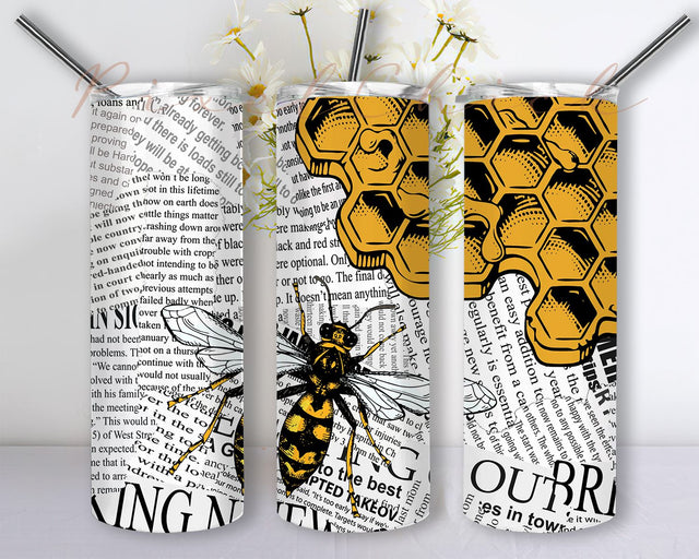 Newspaper Bee Tumbler Sublimation Designs Downloads, Skinny Tumbler 20oz Design Download PNG Sublimation PixelChick 
