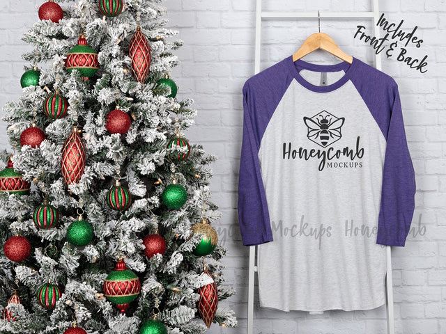 Next Level 6051 Heather White/Purple Rush Raglan Mockup, Christmas Mockup, Baseball Tee Mockup, Front and Back Mockup, Hanging Mockup Mock Up Photo Honeycomb Mockups 