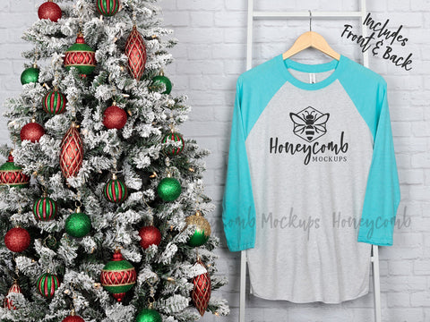 Next Level 6051 Heather White/Teal Blue Raglan Mockup, Christmas Mockup, Baseball Tee Mockup, Front and Back Mockup, Hanging Mockup Mock Up Photo Honeycomb Mockups 