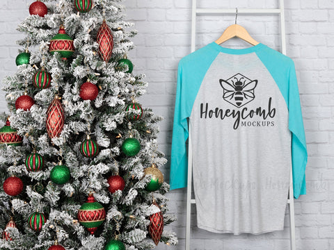 Next Level 6051 Heather White/Teal Blue Raglan Mockup, Christmas Mockup, Baseball Tee Mockup, Front and Back Mockup, Hanging Mockup Mock Up Photo Honeycomb Mockups 