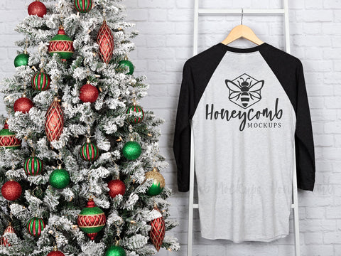 Next Level 6051 Heather White/Vintage Black Raglan Mockup, Christmas Mockup, Baseball Tee Mockup, Front and Back Mockup, Hanging Mockup Mock Up Photo Honeycomb Mockups 